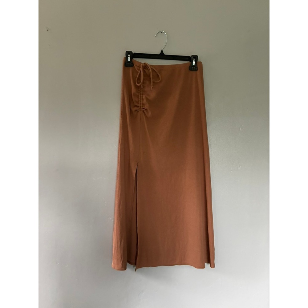 S Aerie Ribbed Ruched Side Slit Midi Skirt Earthy Boho 90s Minimalist Fairycore